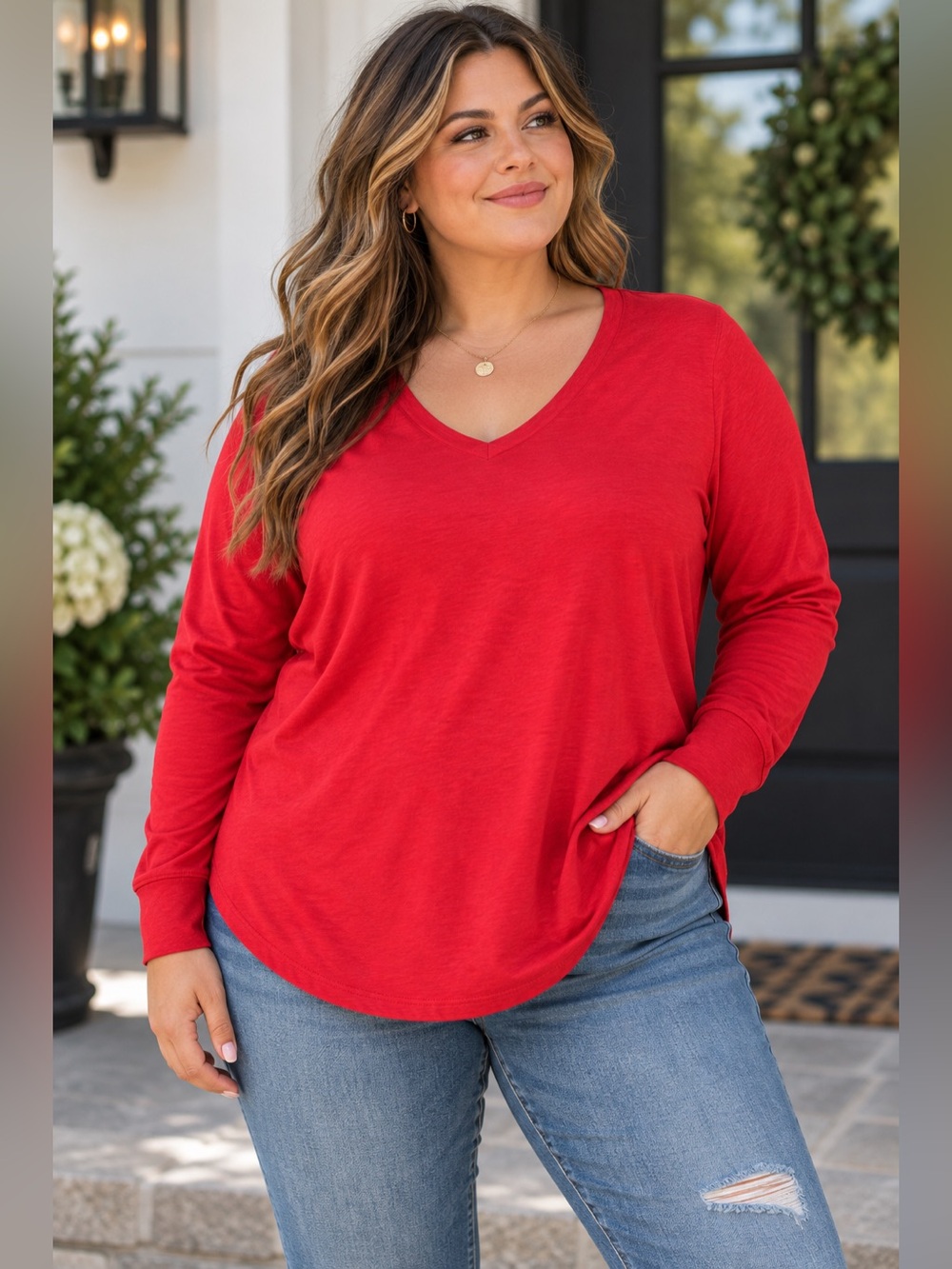torrid Red V-Neck Long Sleeve Tee